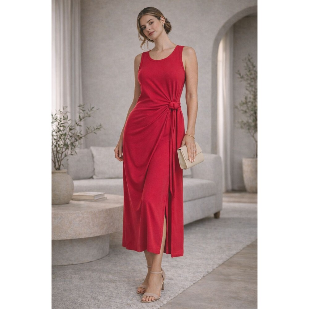FIFTEEN TWENTY Maddie Red Midi Dress MEDIUM Tie Waist Usa Made HEMP ORGANIC COTT